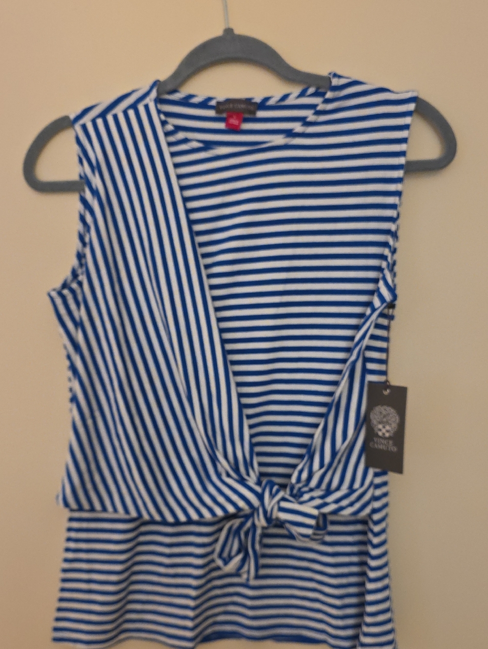 Vince Camuto Blue & White Striped Knot-Front Sleeveless Top